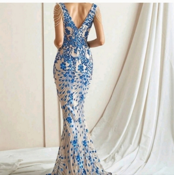 Blue, Floral Print, V Neck,  Beaded Draped Sleeves,  Sequined Mermaid Go… - Picture 5 of 12